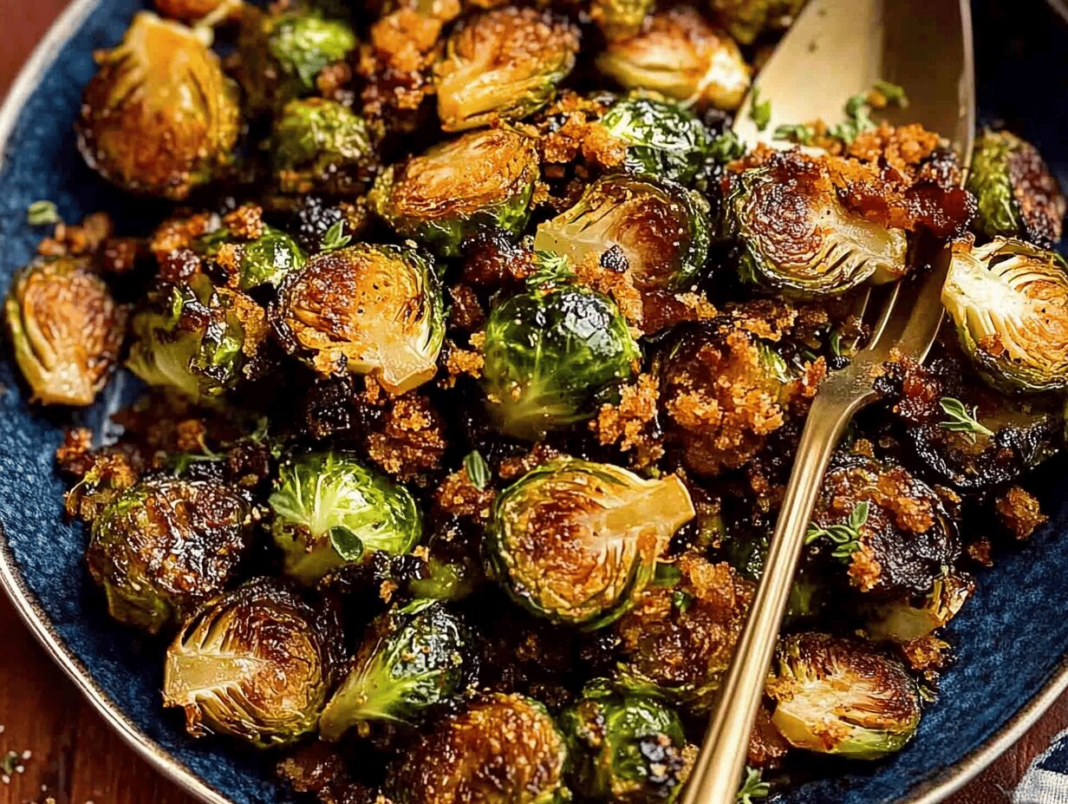 Fried Brussels Sprouts with Cider Vinaigrette and Turkey Bacon Crumbs: A Delicious Side Dish