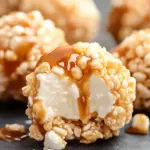 Chewy caramel marshmallow rice krispie balls on a colorful platter, perfect no-bake dessert for kids.