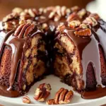 Decadent German chocolate pecan pound cake slice served with coffee and pecans on a wooden table