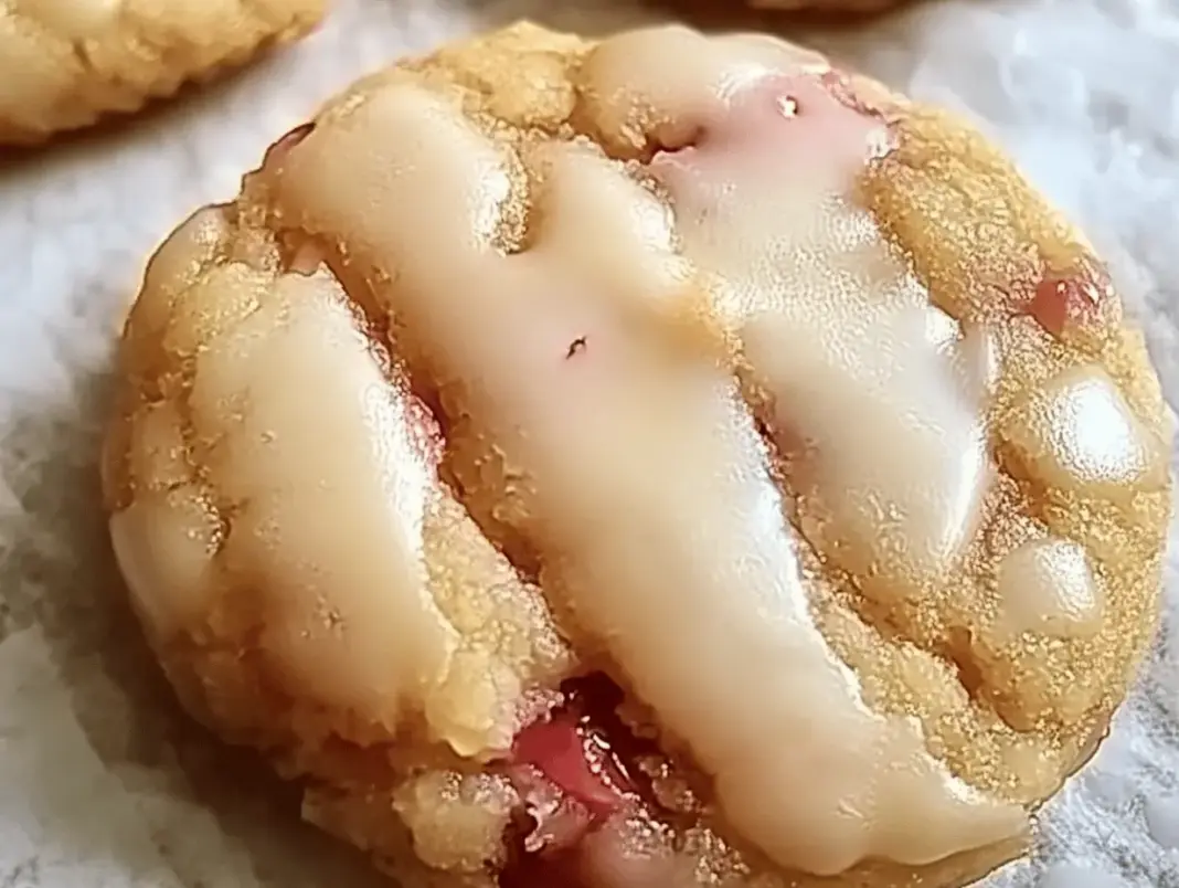 Freshly baked rhubarb cookies showcasing chewy texture and vibrant rhubarb pieces on a rustic wooden table.