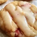Freshly baked rhubarb cookies showcasing chewy texture and vibrant rhubarb pieces on a rustic wooden table.